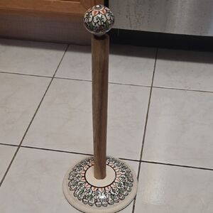 Decorative Ceramic And Wooden Paper Towel Holder with Floral Design
